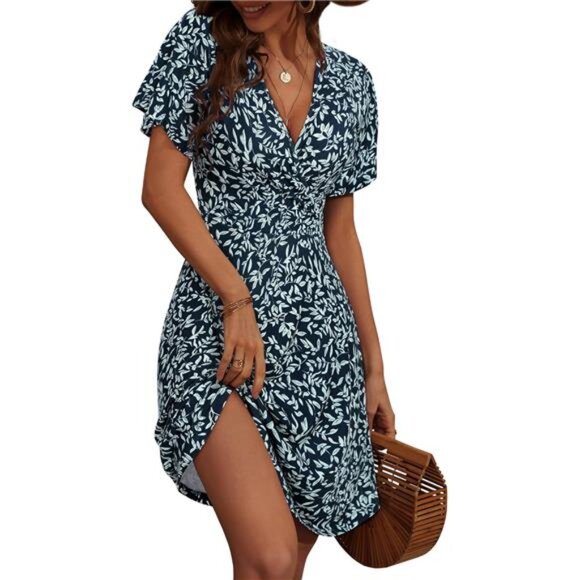 Womens Sundress Summer Floral Short Sleeve Wrap V Neck A-Line Midi Dress - Picture 1 of 5